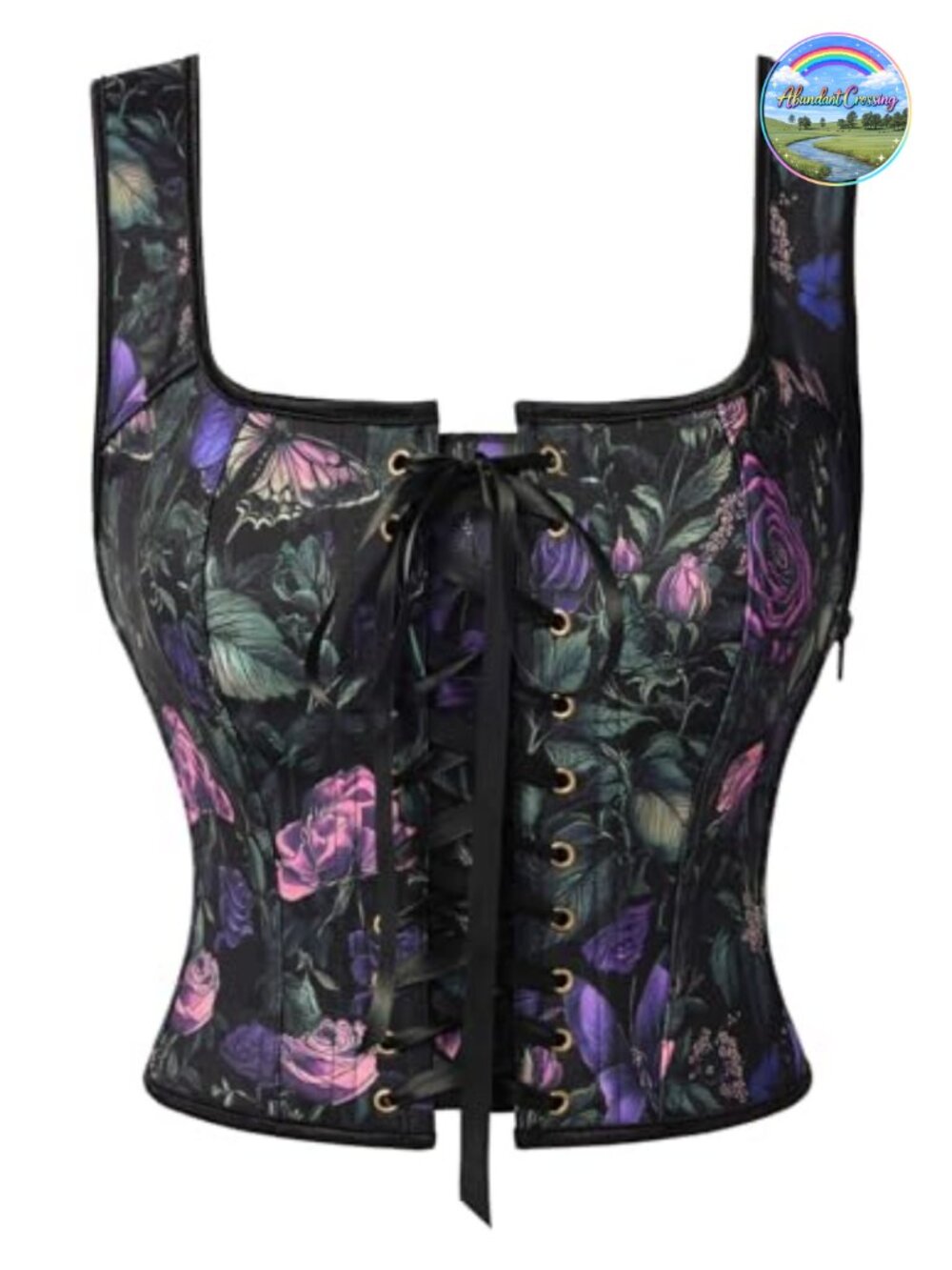 Floral Overbust Corset Top with Lace-Up Detail and Boning
